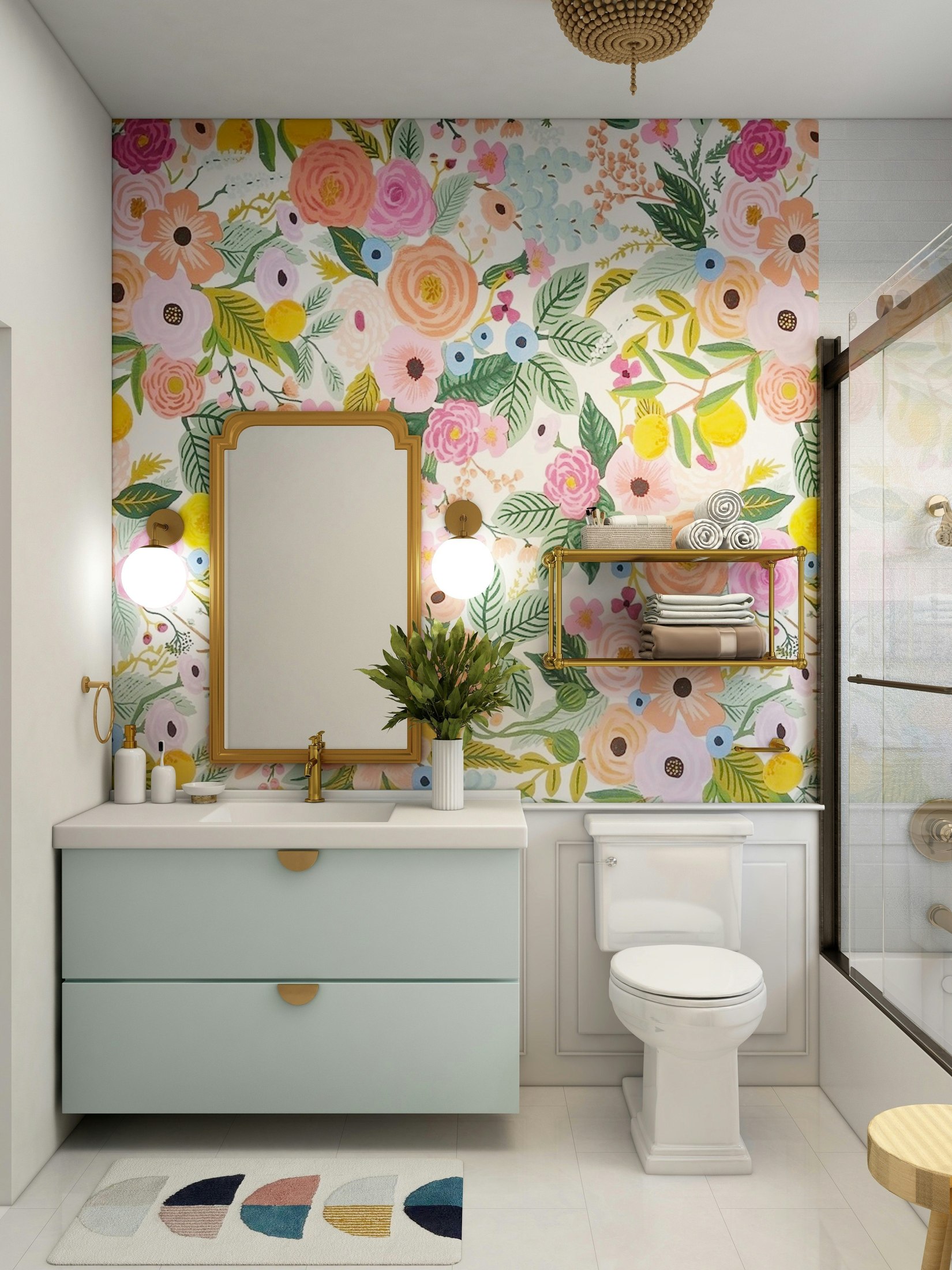 Colorful floral wallpaper across the feature wall of a bathroom