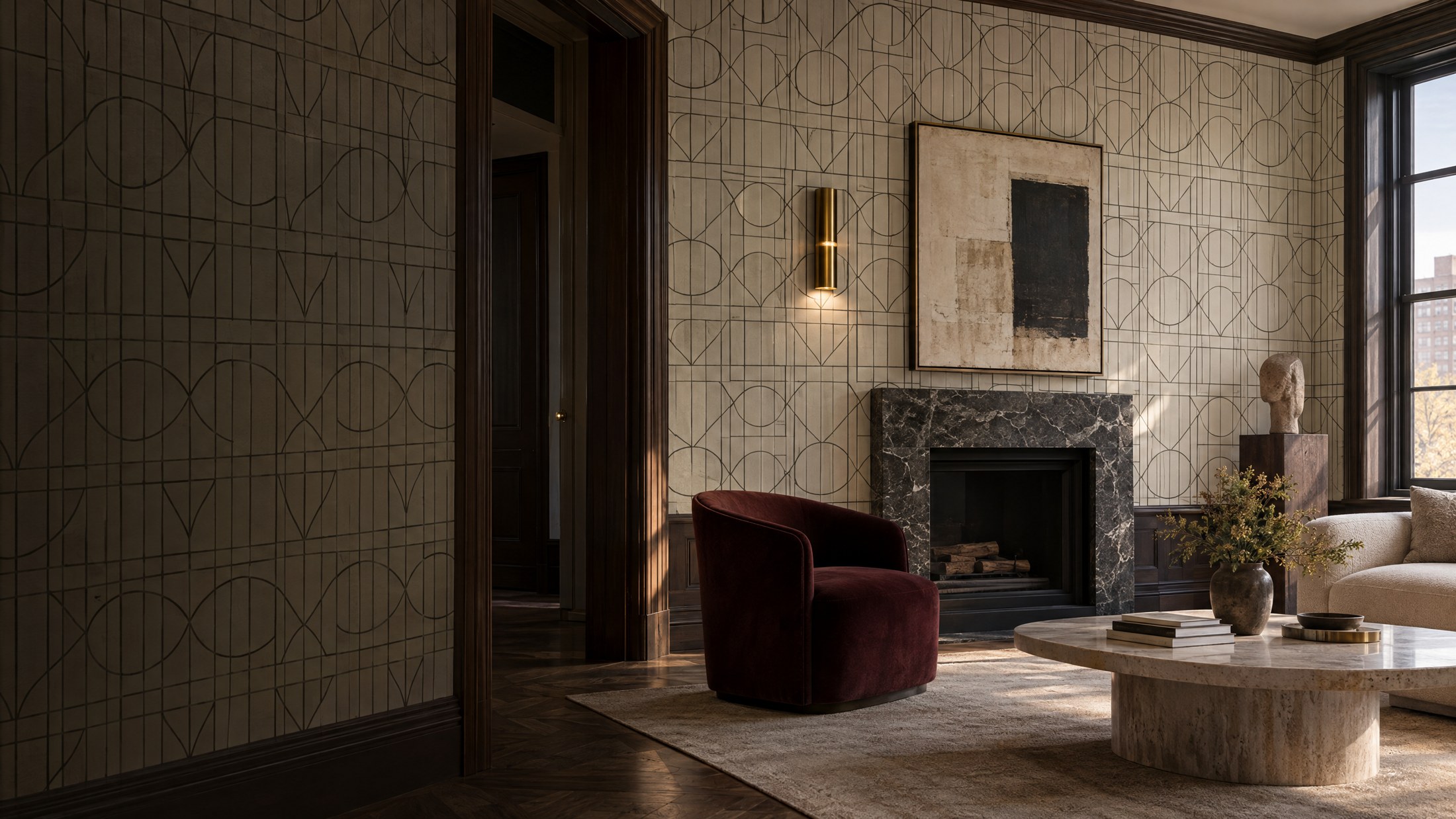 Ivory and charcoal geometric wallpaper in an elegant living room with a burgundy chair